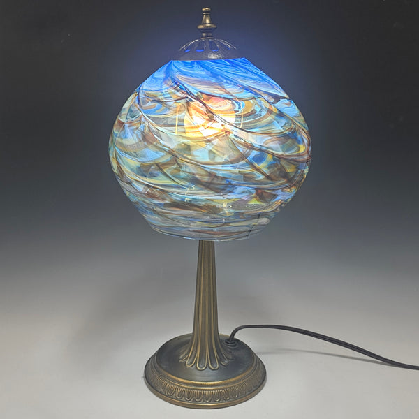 Medium Globe Lamp with Cast Metal Base - Blue/Rainbow - Rosetree Blown Glass Studio and Gallery