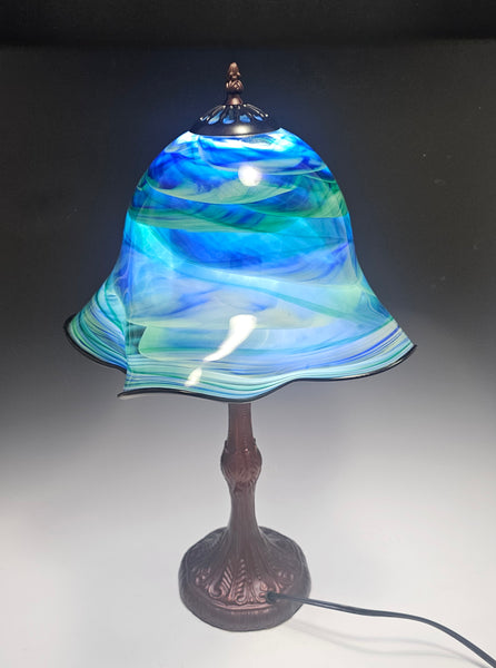 Large Flared Lamp with Cast Metal Base - Blue/Green - Rosetree Blown Glass Studio and Gallery