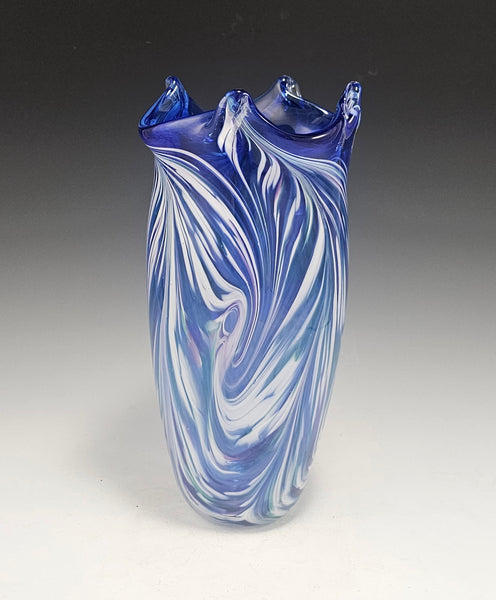Transparent Vase with Pinched Lip - Blue/White - Rosetree Blown Glass Studio and Gallery
