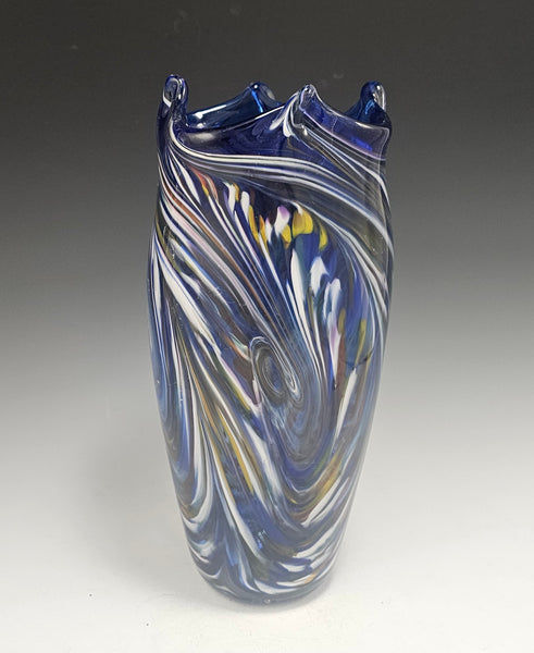 Transparent Vase with Pinched Lip - Blue/Rainbow - Rosetree Blown Glass Studio and Gallery