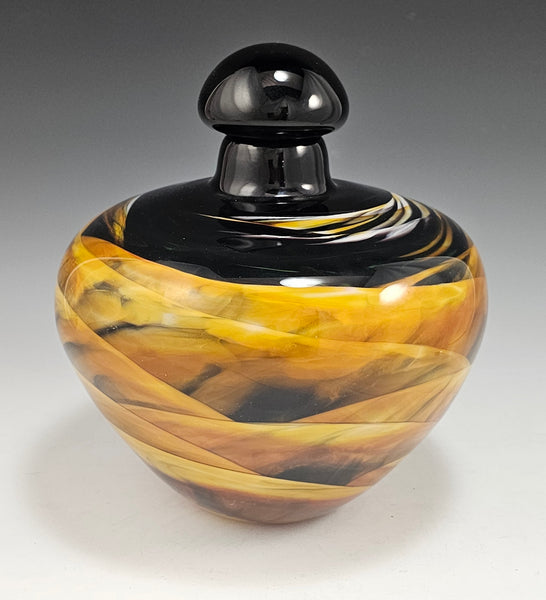 Round Covered Container - Amber/Black/White Landscape - Rosetree Blown Glass Studio and Gallery