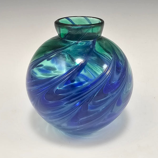 Round Bud Vase - Green/ Double Blue - Rosetree Blown Glass Studio and Gallery
