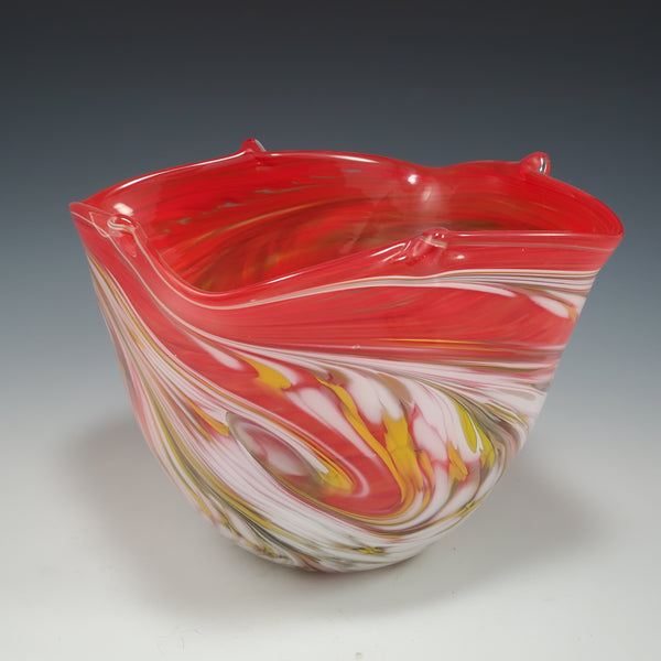 Red/Hot Mix/White Color Pinch Bowl - Rosetree Blown Glass Studio and Gallery